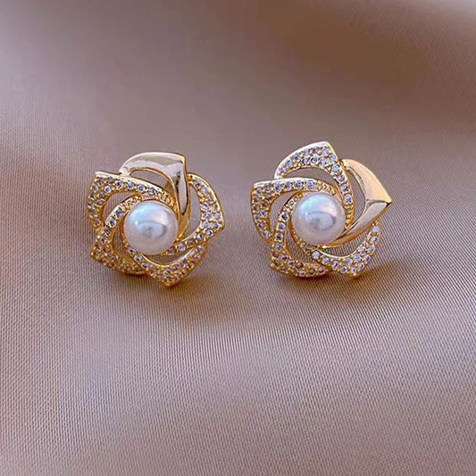 Spiral Pearl Petal Flower Stud Earrings-Lydieannejewelry