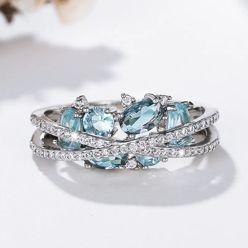 Silver Blue Gemstone Cross Ring-Lydieannejewelry