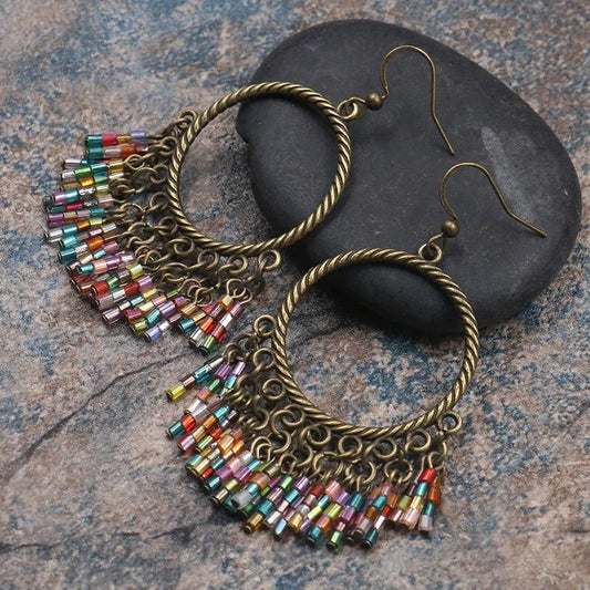 Vintage Multi-Color Beaded Hoop Earrings-Lydieannejewelry