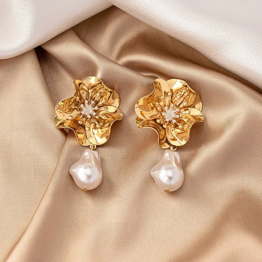 Gold Flower Pearl Drop & Crystal Earrings-Lydieannejewelry
