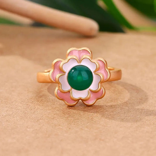 Retro Floral Gold Green Stone & Pink Flower Adjustable Ring-Lydieannejewelry
