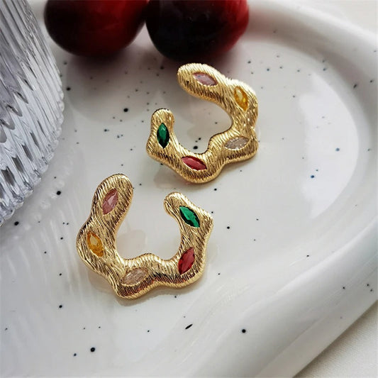 Gold Wavy Multi-Color Gemstones Earrings-Lydieannejewelry