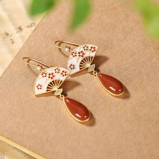 Vintage Gold & Red Floral Fan Drop Earrings-Lydieannejewelry