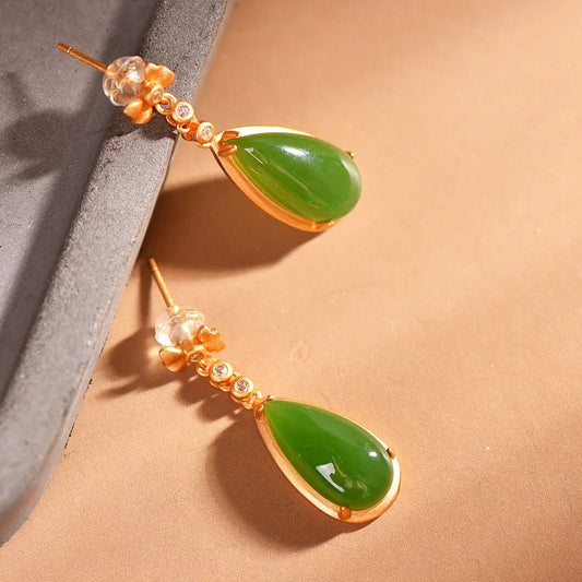 Classic Gold & Green Gemstone Inlaid Bow Crystal Dangle Earrings-Lydieannejewelry