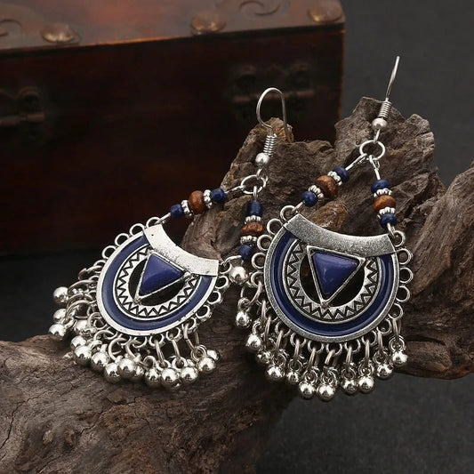 Vintage Blue Tribal Silver Tassel Earrings-Lydieannejewelry