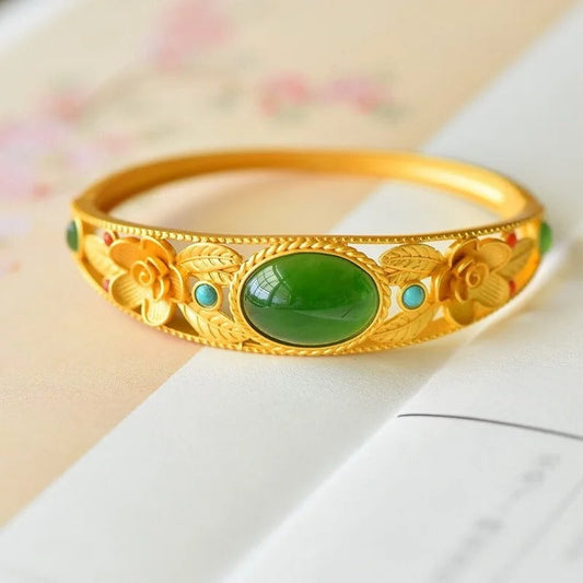 Timeless Gold Green Stone & Floral Bangle Bracelet-Lydieannejewelry