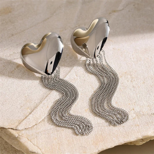 Classic Silver Heart Tassel Chain Design Earrings-Lydieannejewelry