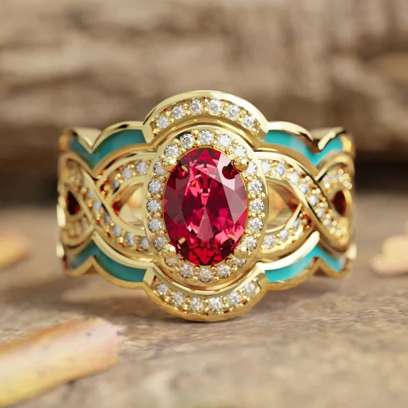 Vintage Gold Red Gem Crystal Ring-Lydieannejewelry