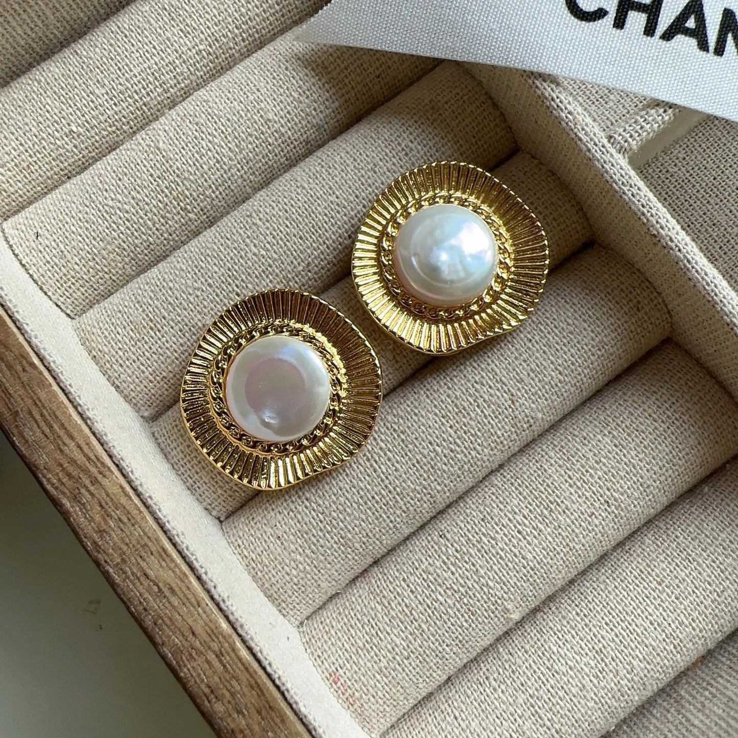 Classic Round Gold Rim Pearl Earrings-Lydieannejewelry