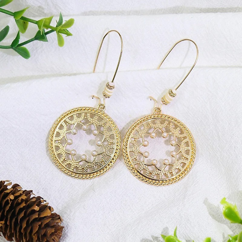 Vintage Gold & Pearl Mandala Earrings-Lydieannejewelry
