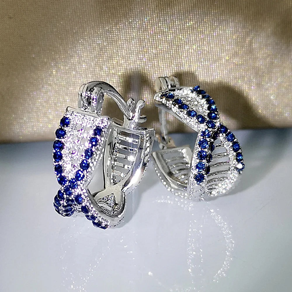 Silver Blue Crystal Hoop Earrings-Lydieannejewelry