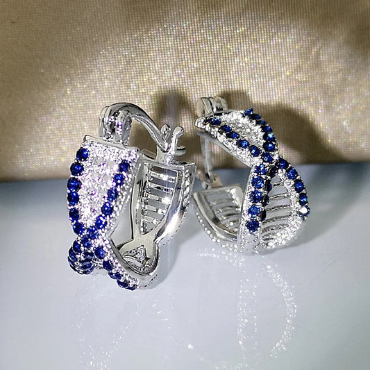 Silver Blue Crystal Hoop Earrings-Lydieannejewelry