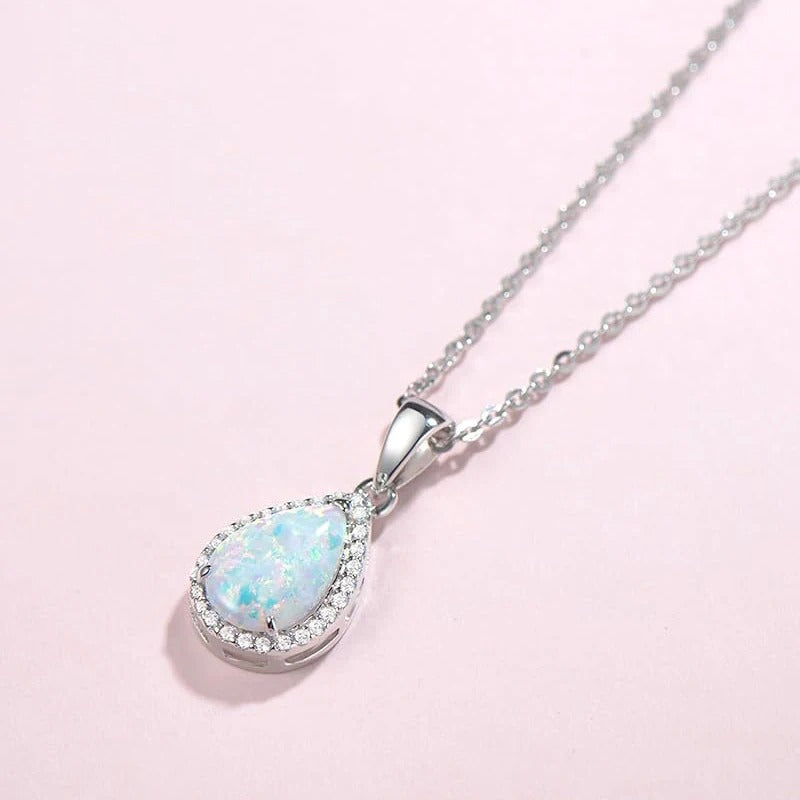 Silver Pear Opal Pendant Necklace-Lydieannejewelry