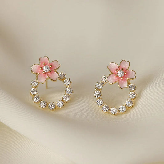 Gold Pink Flower Stud Earrings-Lydieannejewelry