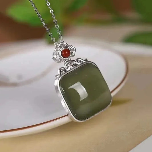 Classic Silver Green Square Gem Pendant Necklace-Lydieannejewelry