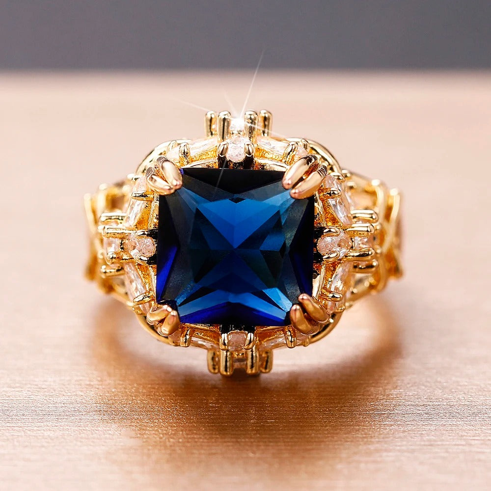 Vintage Gold Blue Square Cut Gem Ring-Lydieannejewelry