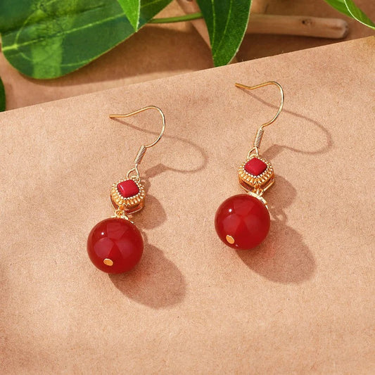 Vintage Gold & Red Gemstone Round Bead Dangle Earrings-Lydieannejewelry