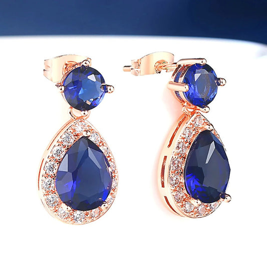 Rose Gold Blue & White Gemstone Drop Earrings-Lydieannejewelry