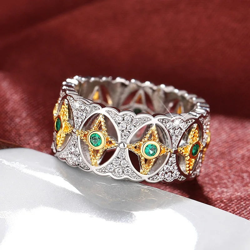 Silver Starburst Green Stone Vintage Ring-Lydieannejewelry