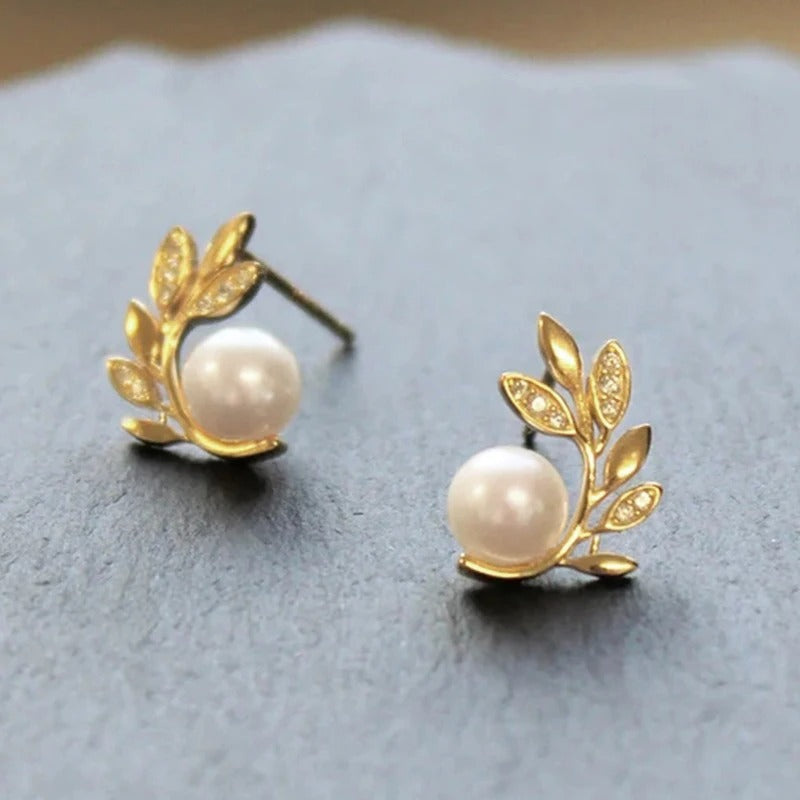 Pearl & Gold Leaf Stud Earrings-Lydieannejewelry