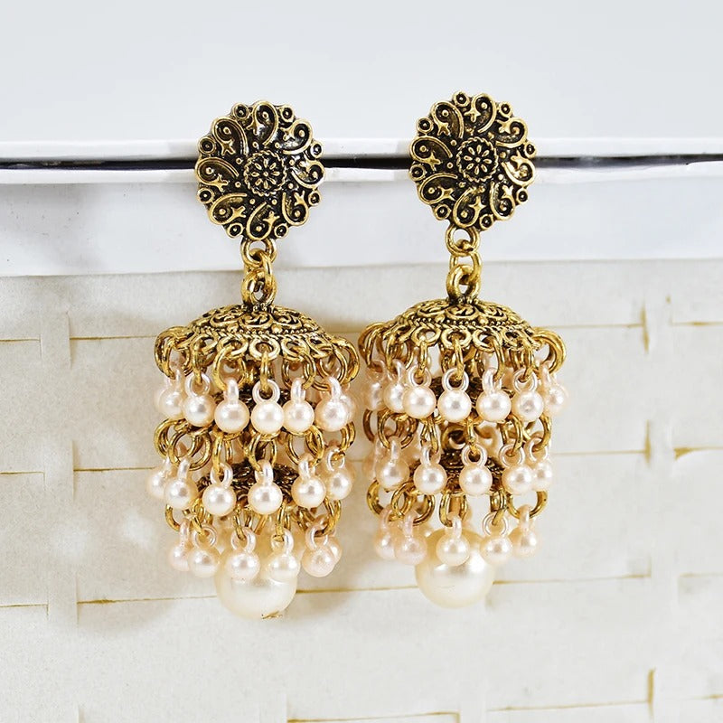 Handmade Gold Pearl Bead Tassel Earrings-Lydieannejewelry