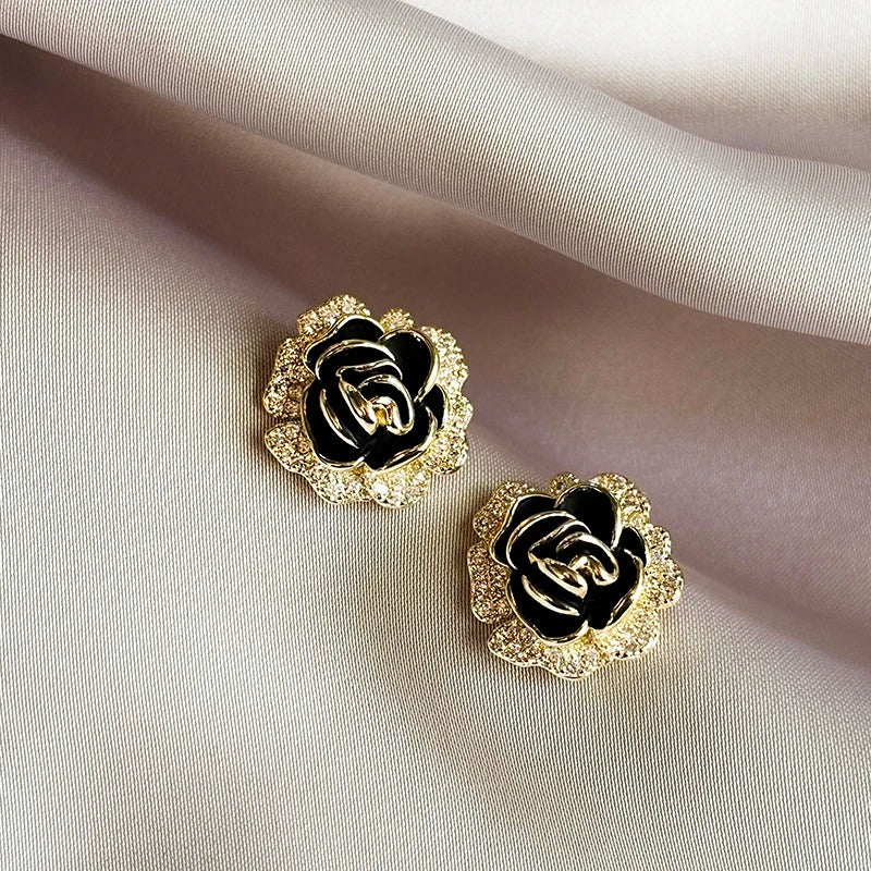 Vintage Gold & Black Rose Stud Earrings-Lydieannejewelry