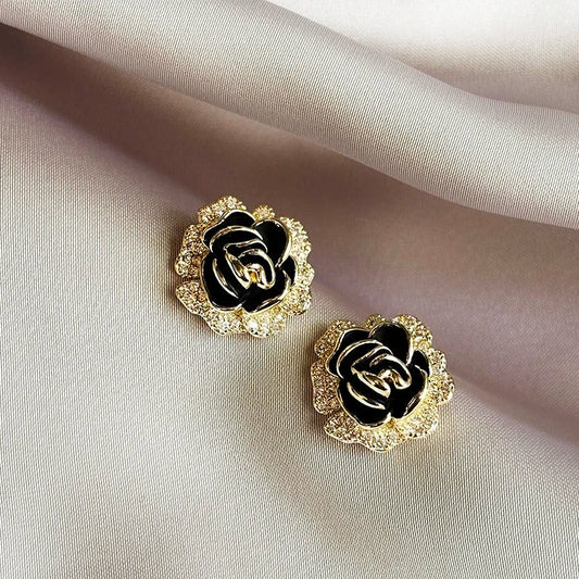 Vintage Gold & Black Rose Stud Earrings-Lydieannejewelry