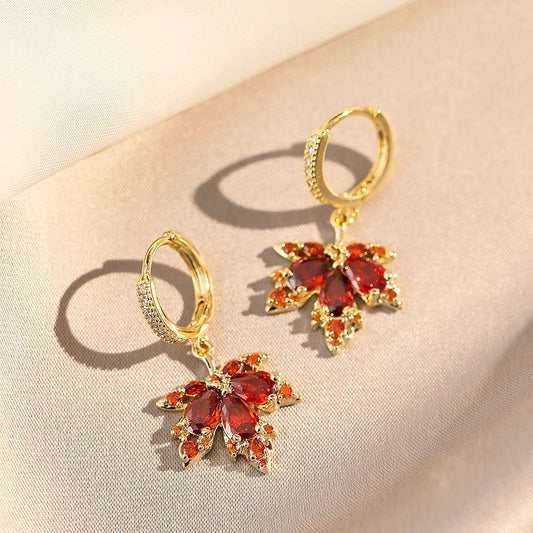 Red Zircon Maple Leaf Pendant Earring-Lydieannejewelry
