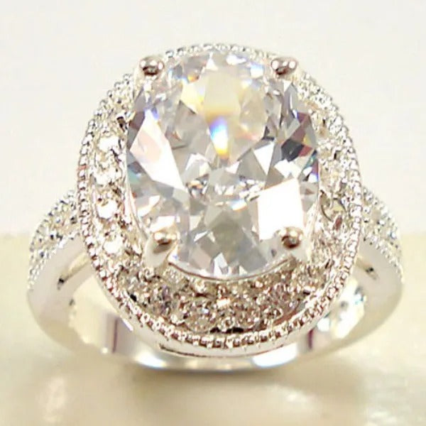 Vintage Silver Oval Gemstone Halo Ring-Lydieannejewelry