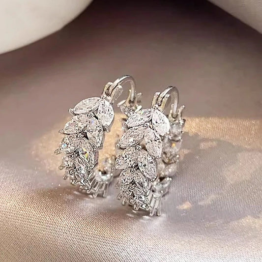 Silver Marquise Leaf Hoop Earrings-Lydieannejewelry