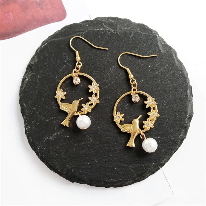 Gold Bird Flower & Pearl Drop Earrings-Lydieannejewelry