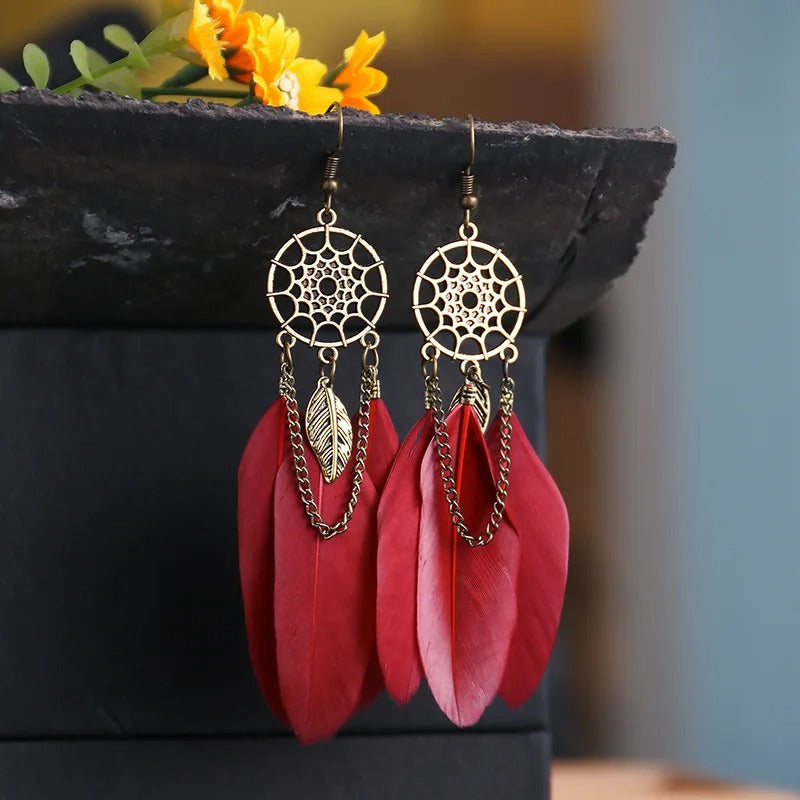Vintage Dreamcatcher & Red Feather Dangle Earrings-Lydieannejewelry