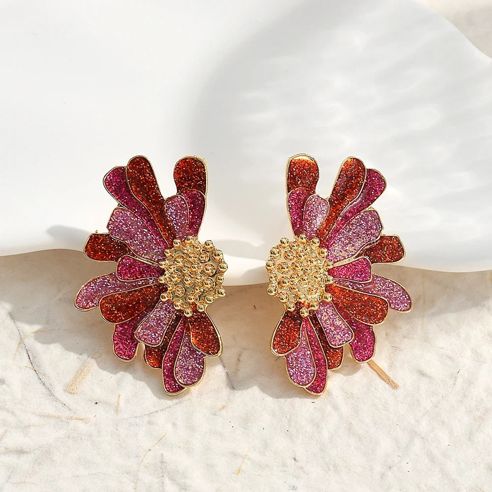 Vintage Pink & Red Glitter Flower Gold Earrings-Lydieannejewelry