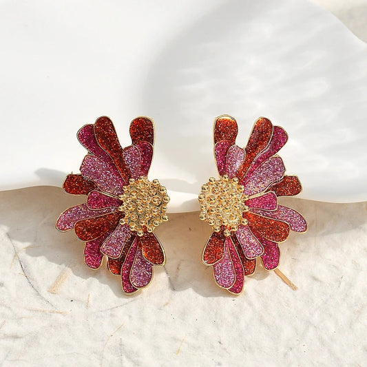 Vintage Pink & Red Glitter Flower Gold Earrings-Lydieannejewelry