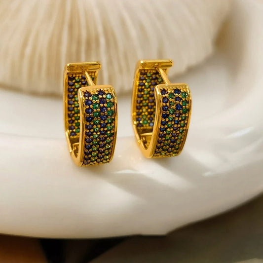 Vintage Gold & Multicolor Zircon Square Earrings-Lydieannejewelry