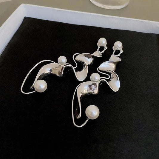 Vintage Pearl Abstract Silver Earrings-Lydieannejewelry