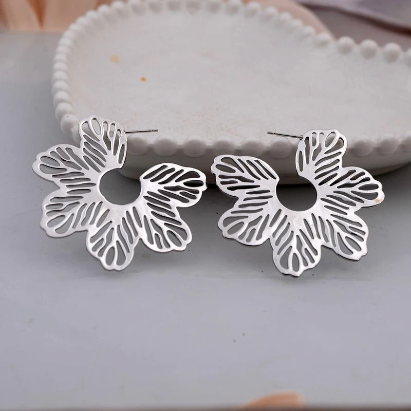 Silver Hollow Leaves Flower Earrings-Lydieannejewelry