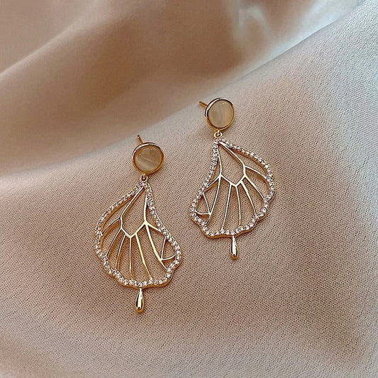 Gold Crystal Leaf Drop Earrings-Lydieannejewelry