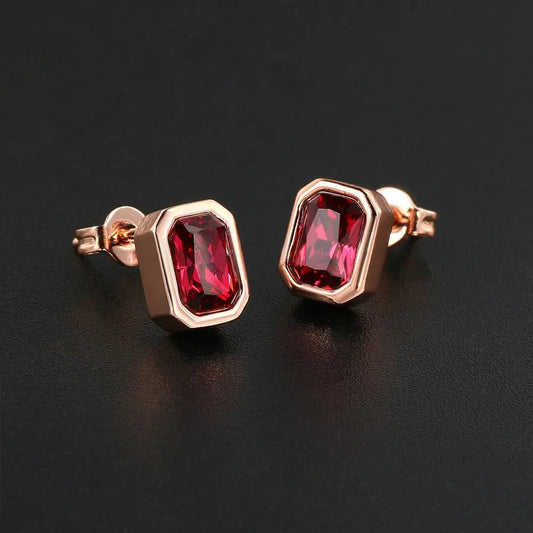 Vintage Rose Gold Deep Red Crystal Stud Earrings-Lydieannejewelry