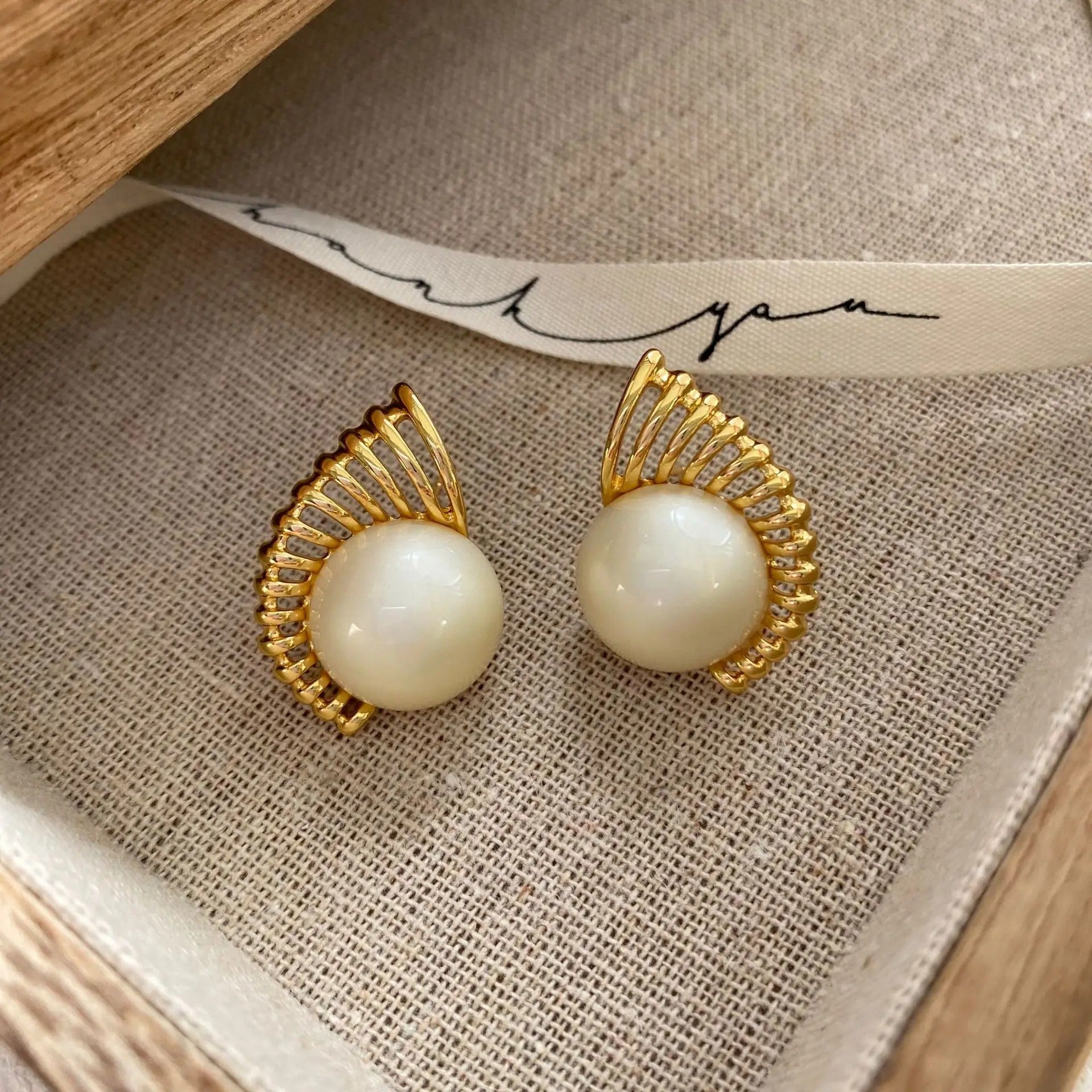 Gold Radiant White Round Pearl Earrings-Lydieannejewelry