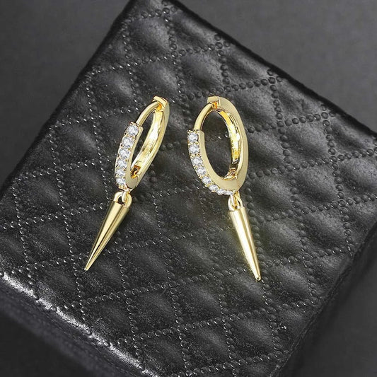 Gold Sparkling Crystal & Spike Design Drop Earrings-Lydieannejewelry