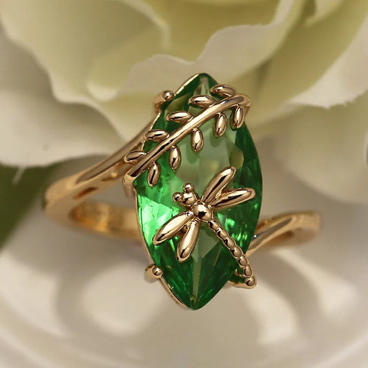 Gold Green Gemstone & Dragonfly Ring-Lydieannejewelry