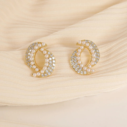 Vintage Double Moon Pearl & Gold Earrings-Lydieannejewelry