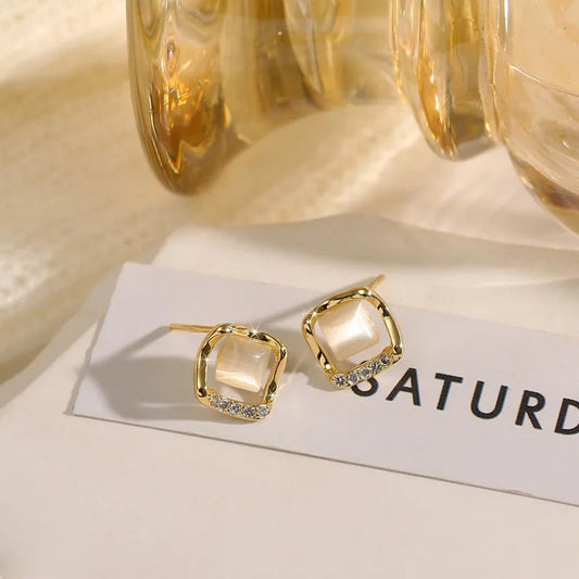 Vintage Gold Square Pearl Opal Earrings-Lydieannejewelry