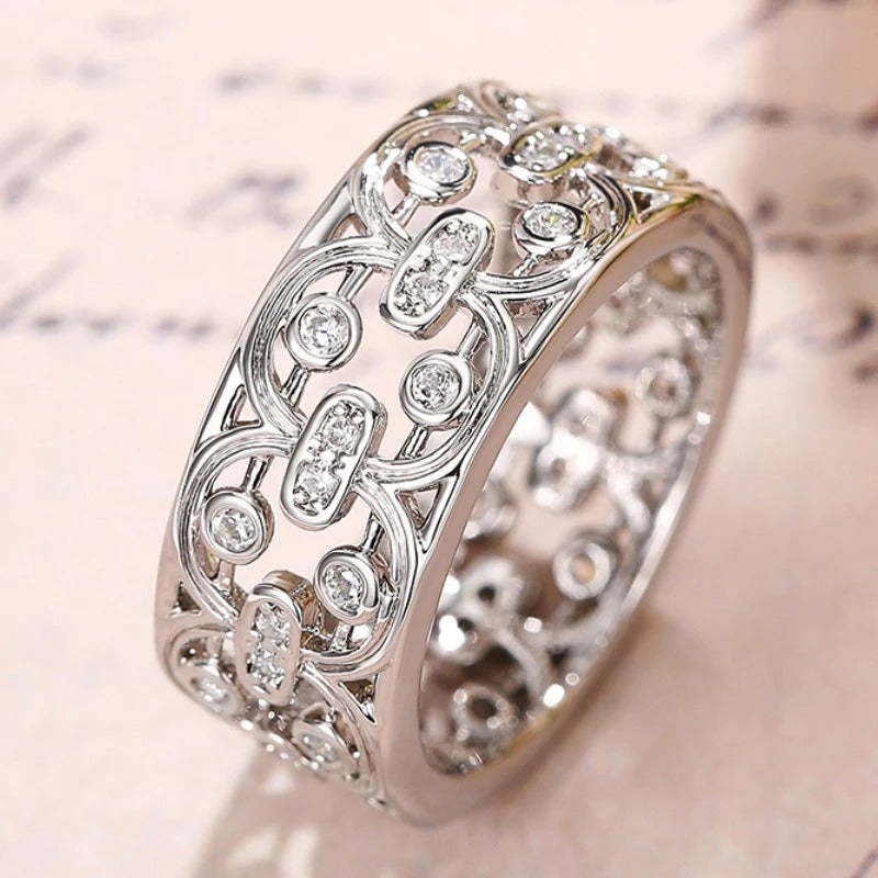 Silver Crystal Inlay Lace Pattern Ring-Lydieannejewelry