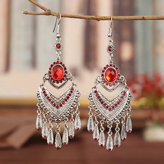 Silver Vintage Boho Red Crystal Earrings-Lydieannejewelry