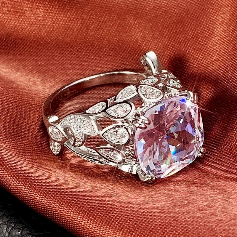 Silver Cushion Purple Gemstone Leaf Crystal Ring-Lydieannejewelry