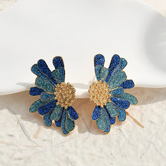 Vintage Blue Glitter Flower Gold Earrings-Lydieannejewelry