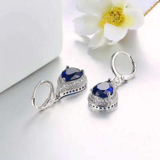 Classic Silver Blue Stone Drop Earrings-Lydieannejewelry