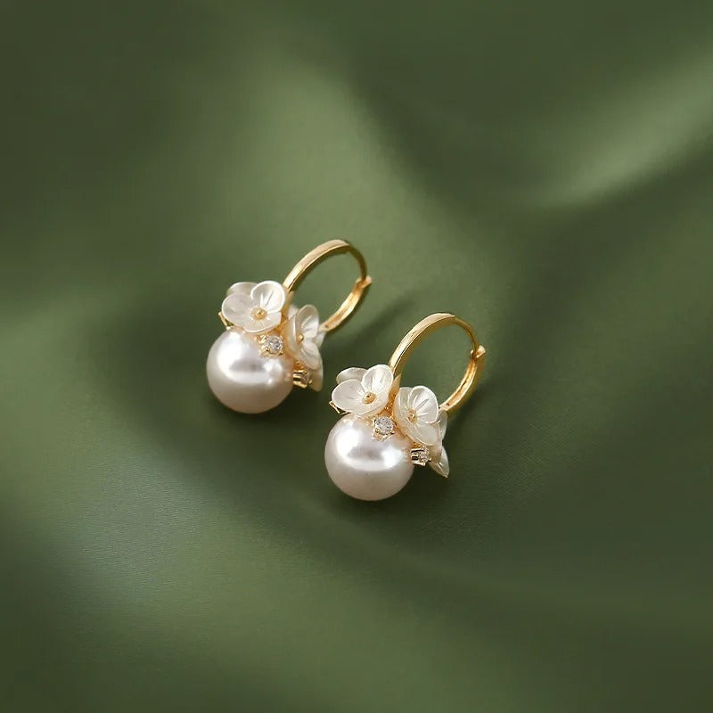 Vintage Flower Pearl Ball Pendant Earrings-Lydieannejewelry